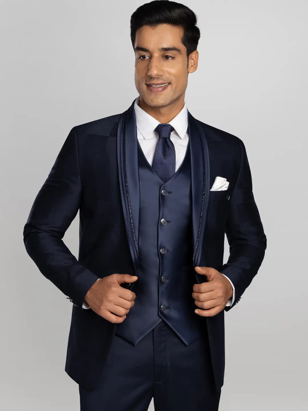 5 Piece Textured Tuxedo Suit – Navy Blue