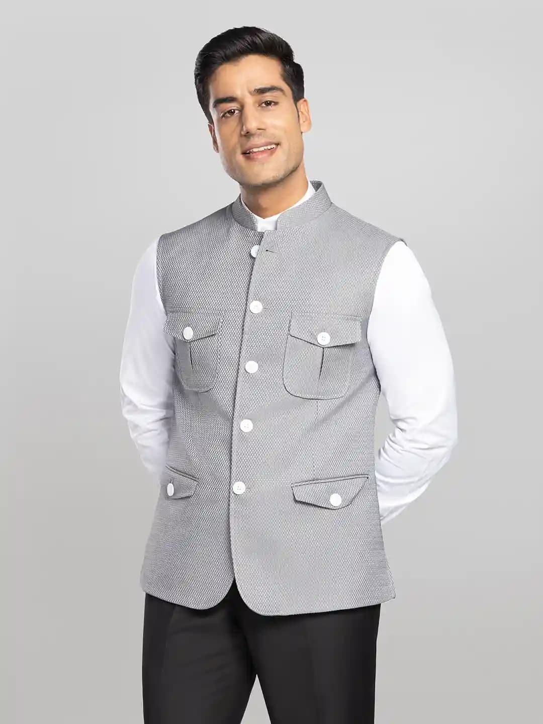 Mens Slim Fit Textured Bundi Jacket