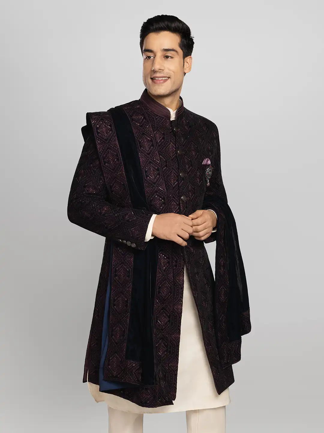 Wine Color Mens Jacqured Long Suit