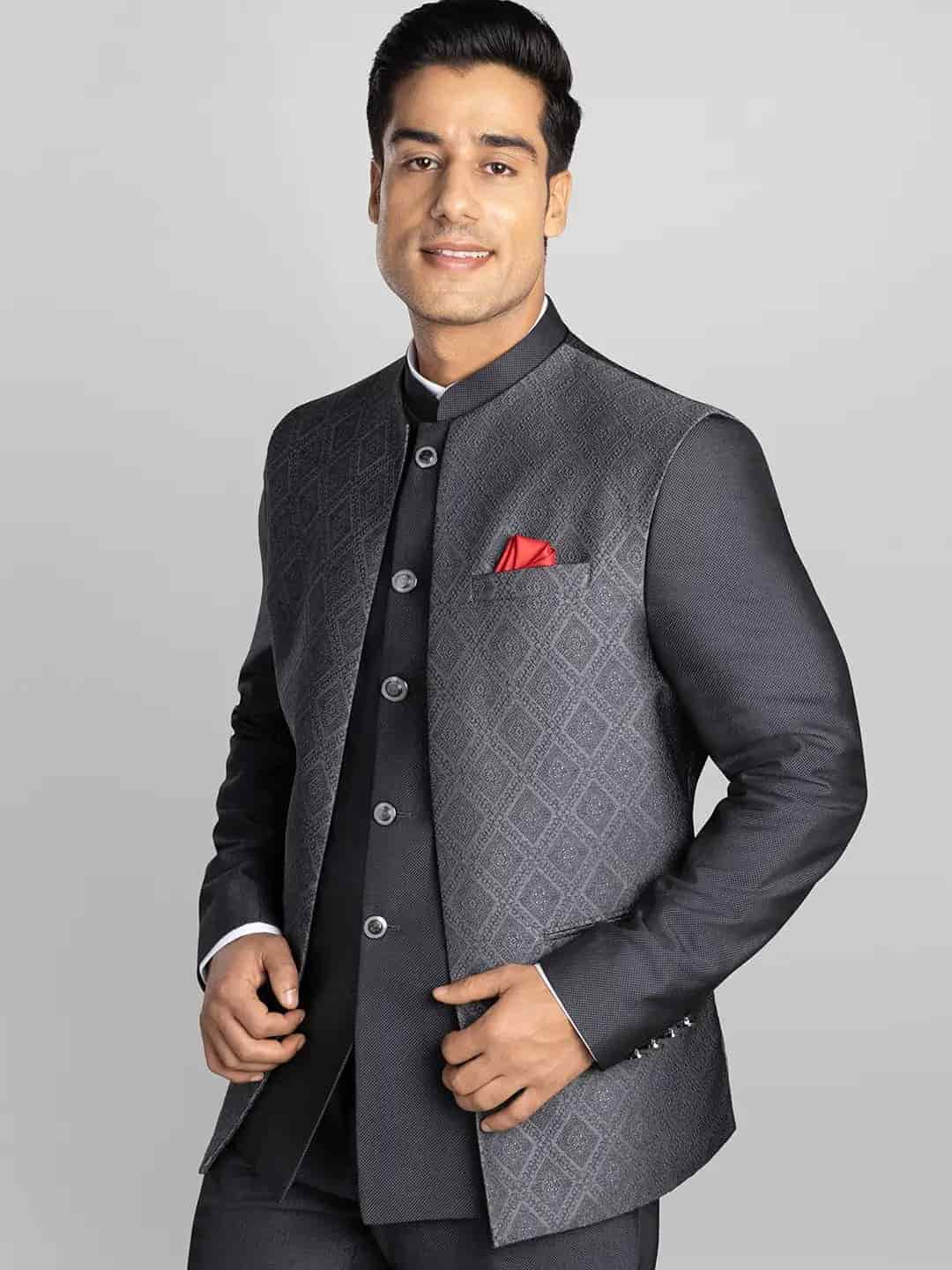 3 Piece Textured Bandhgala – Dark Grey